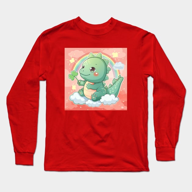 Cute Godzilla happy mood hold a clover in St Patricks day Long Sleeve T-Shirt by MilkyBerry